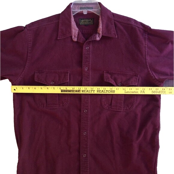 Eddie Bauer Chamois Shirt Mens L Burgundy Chest Pockets Cotton Flannel Button Up - Picture 10 of 14